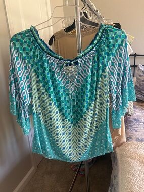 Hale Bob Teal & Aqua Geometric Off-Shoulder Blouse